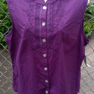 Croft & Barrow Sleeveless Linen Blouse Button Down Floral Embroidery Size L NWT